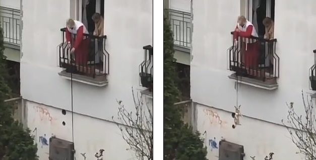 Bizarre Video Of An Elderly Quarantined Woman Dangling Her Dog By Its Lead From Balcony