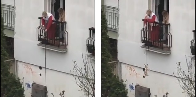 Bizarre Video Of An Elderly Quarantined Woman Dangling Her Dog By Its Lead From Balcony